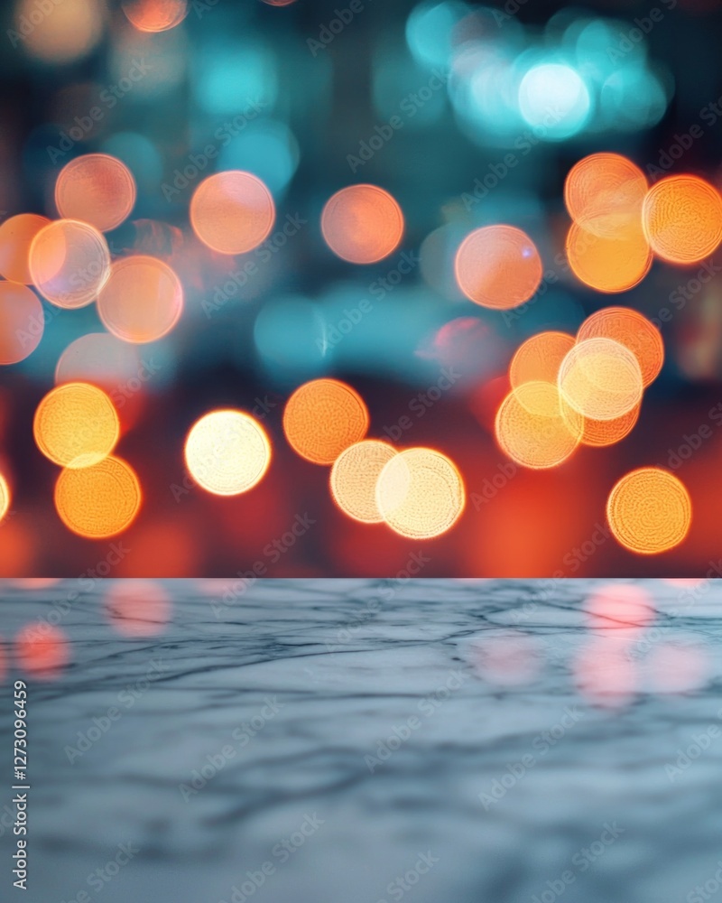 Poster a marble table with blurred lights in the background