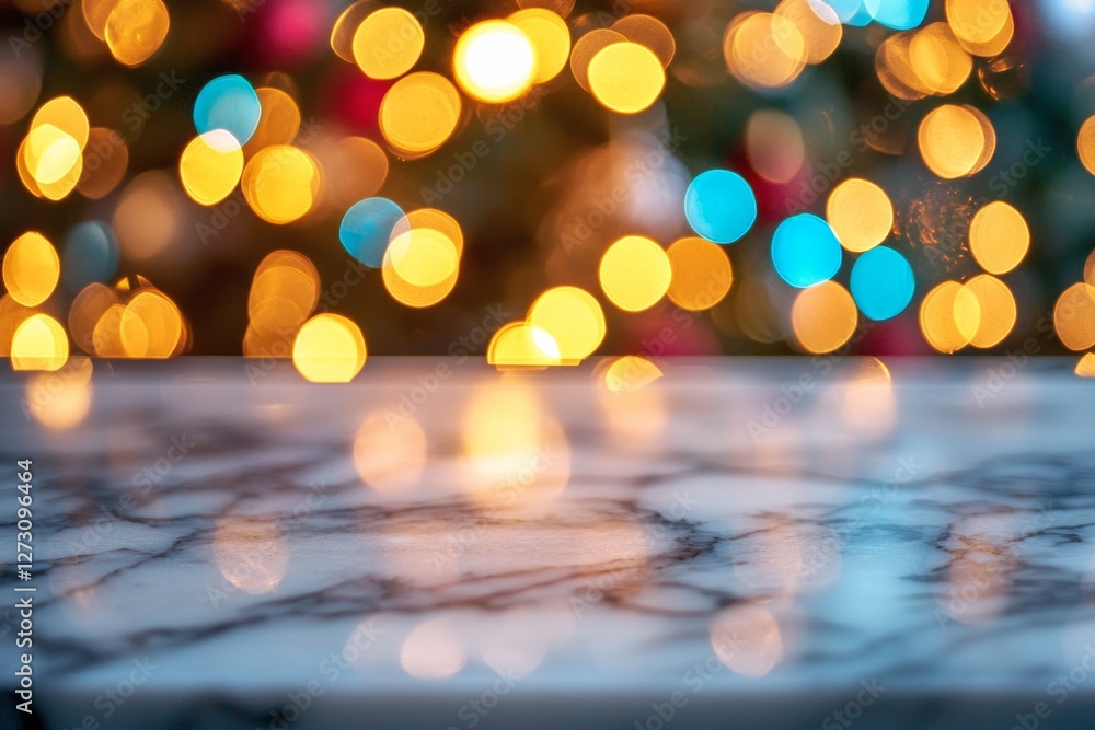 Poster a marble table with blurred lights in the background