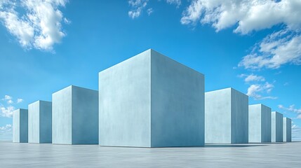 Serene light blue cubes arranged symmetrically under a bright sky. AI Generated