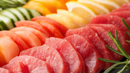 Vibrant sliced fruits and vegetables with fresh rosemary, healthy colorful food concept