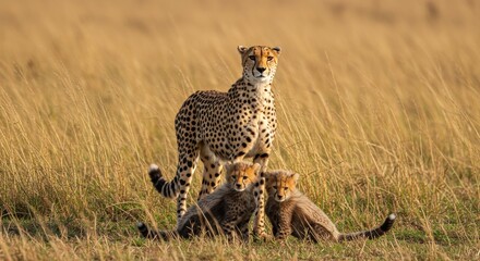 Naklejka premium Cheetah Mother Protecting Her Two Cubs In Grassland