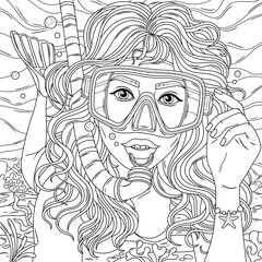 Fototapeta premium Snorkeling woman.Coloring book antistress for children and adults.