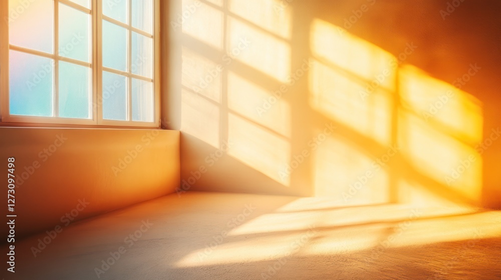 Poster sunlight streams through window in empty room, casting shadows