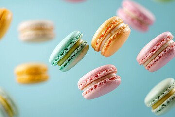 Floating macarons in pastel colors, with a minimalistic background