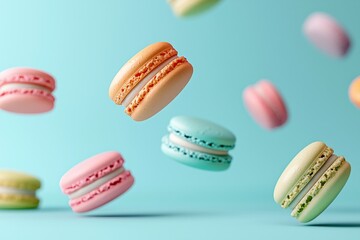 Floating macarons in pastel colors, with a minimalistic background