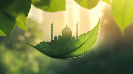 Nature-Inspired Mosque Silhouette Embedded in Green Leaf in Sunlit Garden