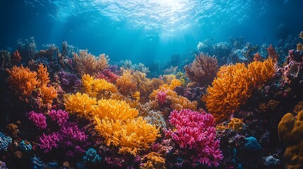 Naklejka premium Vibrant Coral Reef at Dawn with Soft Warm Light Highlighting Diverse Marine Life