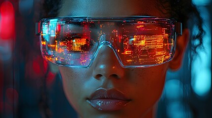 Marketer Wearing Glasses Analyzing Glowing Holographic Campaign Success Metrics