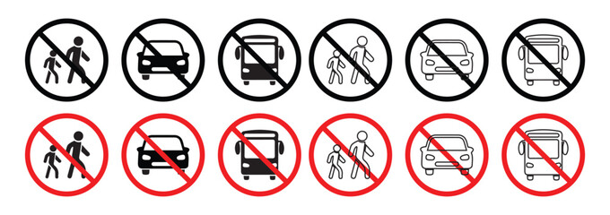 Set of car forbidden signs. No car parking, no parking road warning signs. No cars entry, the red circle sing. Vector illustration.