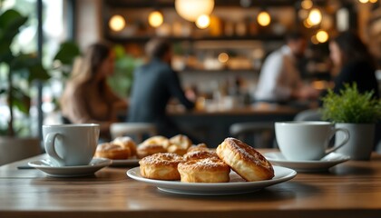 Coffee and donuts on a table in a cozy cafe, ideal for a business meeting in a relaxed setting