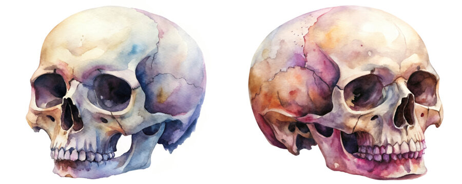 Watercolor skull illustration, artistic anatomy, colorful design, detailed rendering, medical art, educational purpose.