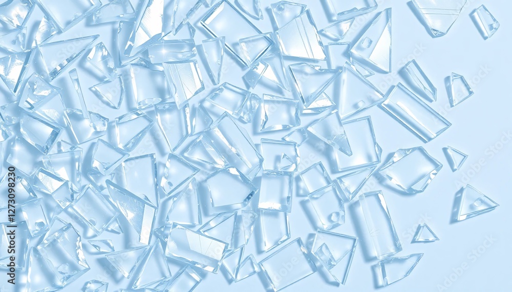 Poster scattered glass shards on blue. fragile glass pieces. angular and irregular shapes. crystalline refl