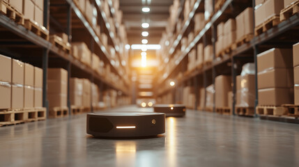 Fototapeta premium Automated Robots Efficiently Sorting and Moving Packages in Warehouse