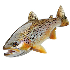 Angled view full-body shot of an extremely perfect-looking single Trout isolated on a white transparent background