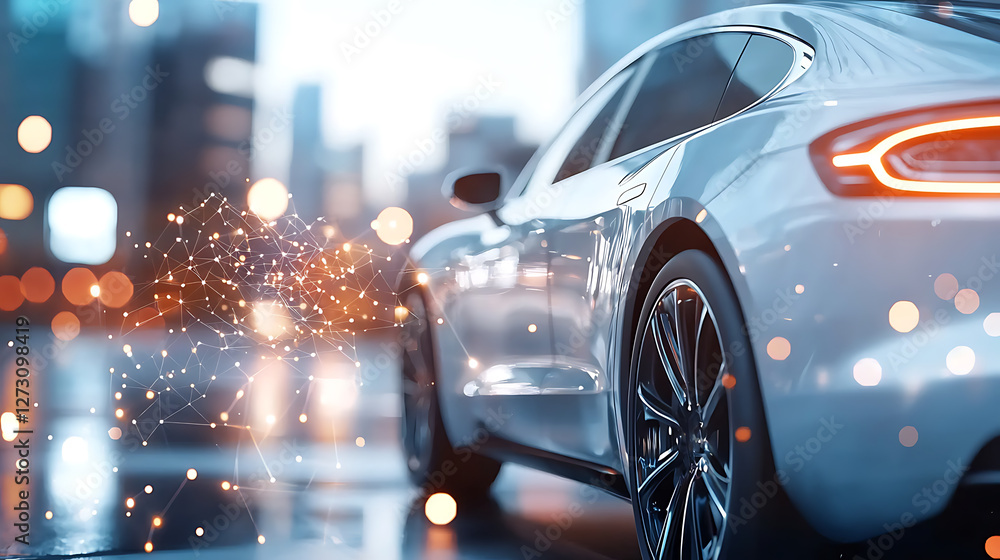 Poster futuristic electric car in urban setting blurred glowing bokeh background high-tech environment slig