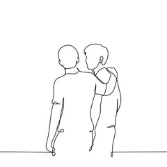 men standing with their backs turned or walking away one of them put his hand on the shoulders of the other - one line art vector. concept friends, support, emotional help men