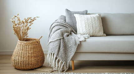 Fototapeta premium A cozy living room interior featuring a couch and a woven basket
