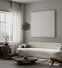 living room interior mock up with modern furnitures. Poster frame mock up in modern interior design. 3D illustration