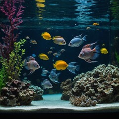 Obraz premium A mesmerizing fish tank with exotic fish of various shapes and sizes.