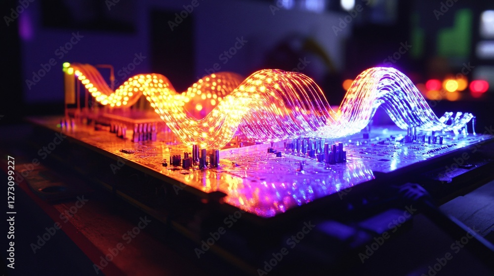 Poster a dynamic view of energy waves traveling across a glowing circuit board in motion