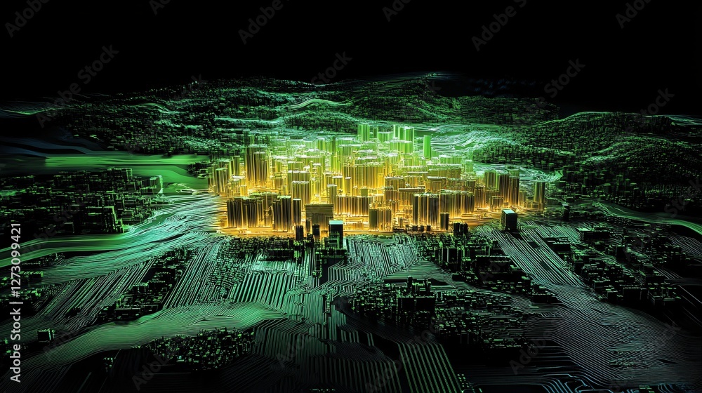 Poster a glowing abstract representation of a circuit board merging into a digital landscape