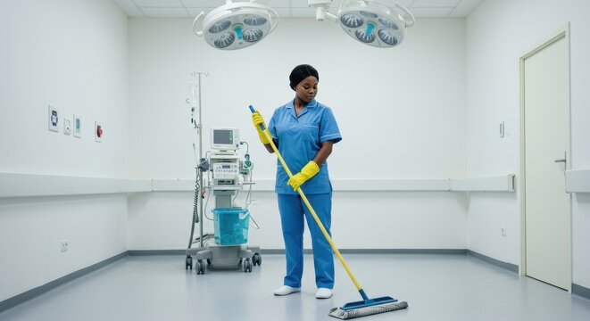 A healthcare worker in gloves cleans a hospital room with a mop