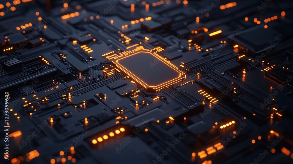 Poster a minimalist design of a circuit board with glowing pathways on a black background