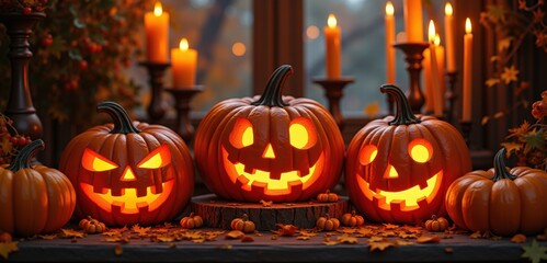 Fototapeta premium Celebrate the spirit of Halloween with these charmingly carved pumpkins, glowing warmly amidst flickering candles and autumn leaves.