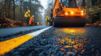 road construction crew applying yellow and white stripes on new asphalt surface