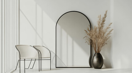 A minimalist interior design featuring a stylish black mirror, a pair of chairs, and a metal vase with dried flowers, set against a white wall with ample copy space