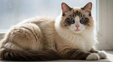 Ragdoll cat resting near a bright window