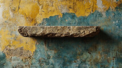Rustic stone shelf rests against weathered teal yellow wall. AI Generated