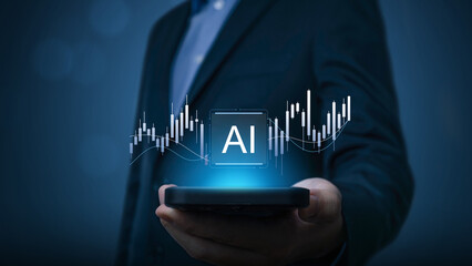 Artificial Intelligence for trading increase revenue asset and profit icon concept.Business hand holding Chart growth rate and growing arrow, analyzing investment diagram in business.
