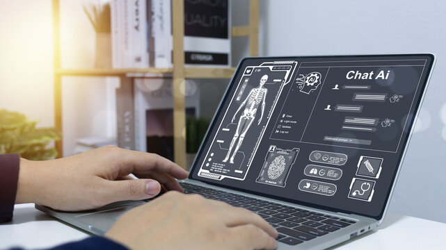 Artificial Intelligence with Medical worker touch virtual medical revolution and advance of technology,AI Deep Learning for medical research,Transformation of innovation for future Health.