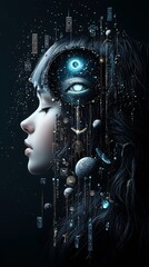 A mystical portrait of a woman with a third eye opening into a portal of infinite space, surrounded by floating runes, glowing aura, metaphysical surrealism, highly detailed textures