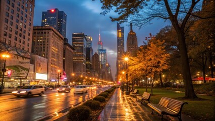 Fototapeta premium Autumn City Street Glimmering with Rain and Twilight