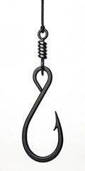 Black Metallic Fishing Hook Suspended from Dark Cord with Coiled Spring