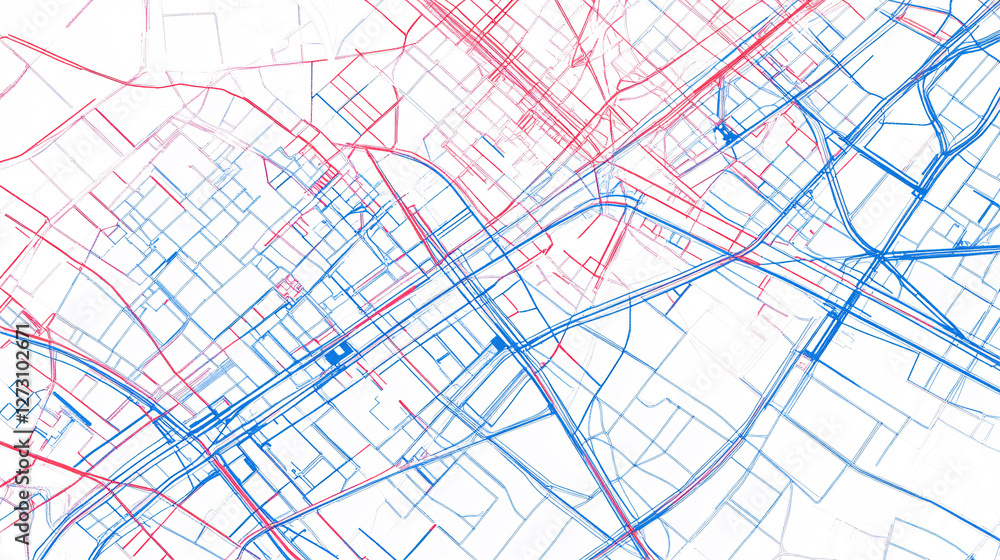 Poster digital city map with intricate blue and red lines forming an abstract urban grid representing trans