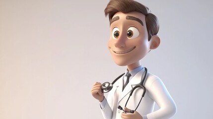A 3D animated character of a doctor holding a stethoscope, smiling, with a white background.