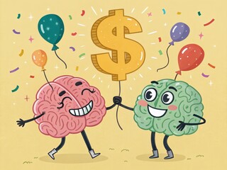 Fototapeta premium Cartoon Brains Celebrating Financial Success with Dollar Sign Balloon