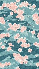 Seamless Elegant Cherry Blossoms on Blue Textured Background in Artistic Style