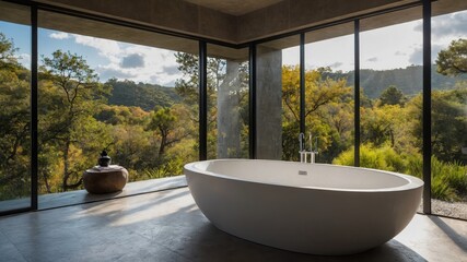 Fototapeta premium Tranquil environment enhanced by earthy tones, sleek fixtures, and a garden backdrop