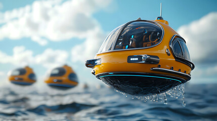 Innovative floating water taxis utilizing renewable energy systems urban waterways conceptual design futuristic environment aerial viewpoint