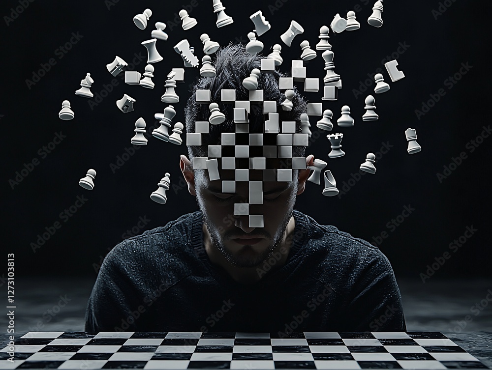 Poster a surreal self-portrait of a man with a chessboard pattern blending into his face, pieces floating m