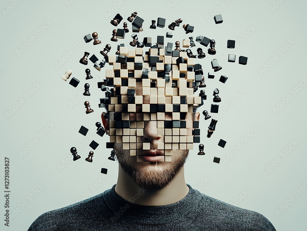 Poster a surreal self-portrait of a man with a chessboard pattern blending into his face, pieces floating m