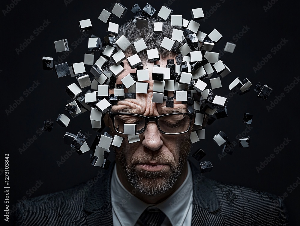 Poster a surreal self-portrait of a man with a chessboard pattern blending into his face, pieces floating m