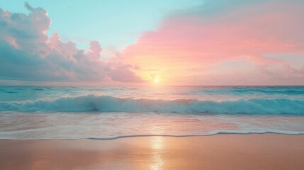 Pastel sunset beach scene; tranquil waves; soft clouds; idyllic vacation