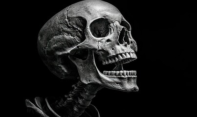Detailed Human Skull with Open Jaw on Black Background