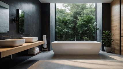 Fototapeta premium Freestanding tub offering an uninterrupted view of dense tropical foliage