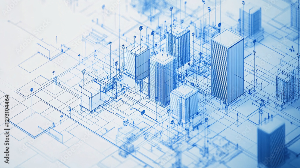 Aufkleber a futuristic isometric city map with interconnected buildings and a digital network visualizing smar